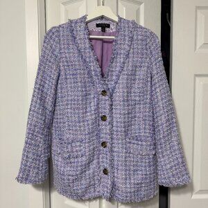 Ann Taylor Purple Plaid Tweed Fringe Cardigan Womens 4P